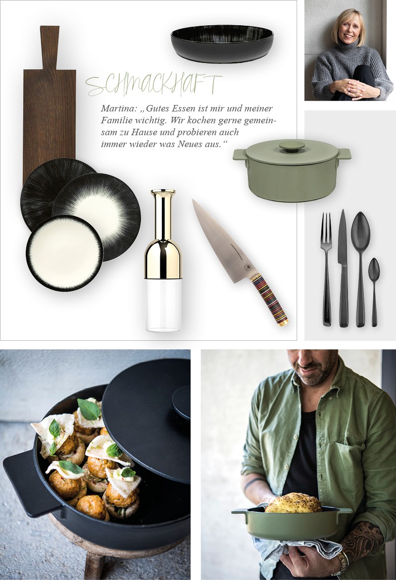 Collage, die RAUM concept store Gründerin Martina Göbl, ihren Vorsatz, mehr mit der Familie gemeinsam zu kochen, sowie die dazu passenden Produkte zeigt